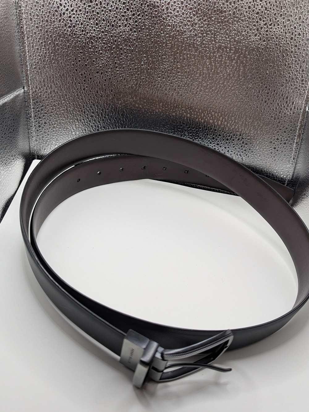 Perry Ellis Reversible Black and Brown Leather Belt with Brushed Silver Buckle
